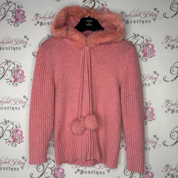 Bebe Pom Pom angora rabbit fur trim hood zip up sweater hoodie pink coral y2k - Picture 13 of 15